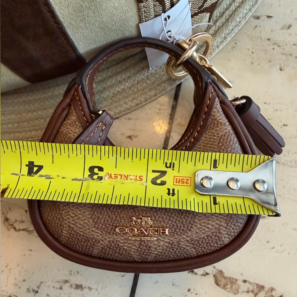 NWT MINI Coach Brown Signature Leather Bag Coin Purse Charm with Key Ring - Picture 11 of 11